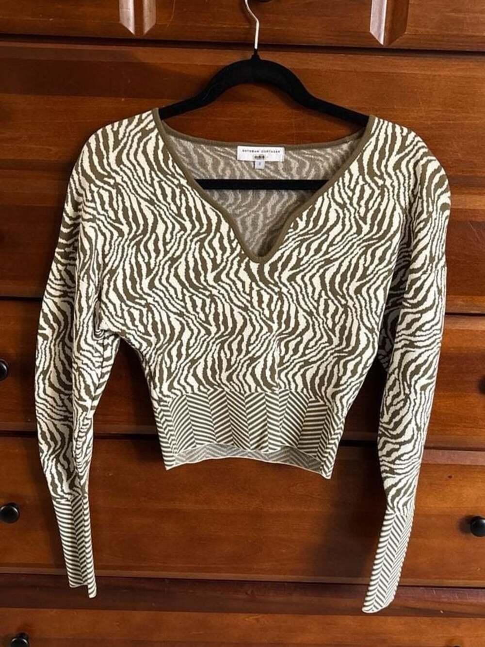 Esteban Cortazar Collective Olive Zebra Printed V-Neck Cropped Sweater